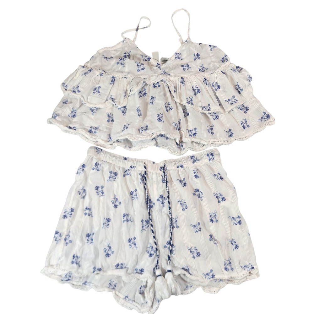 Joie Pajama Set Womens Medium White Blue Floral Ruffle Cami Shorts 2 Piece Boho